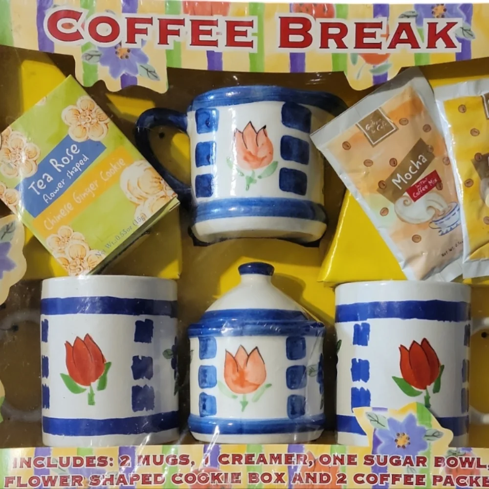 New Vtg Coffee Break Set 2 Mugs Creamer Sugar Bowl Cookie Box NIB